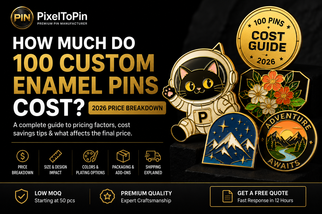 100 custom enamel pins cost guide showing pricing factors, plating, packaging and shipping by PixelToPin