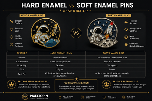 Hard enamel vs soft enamel pins comparison guide for custom enamel pin projects, including surface finish, durability, pricing, and best uses.