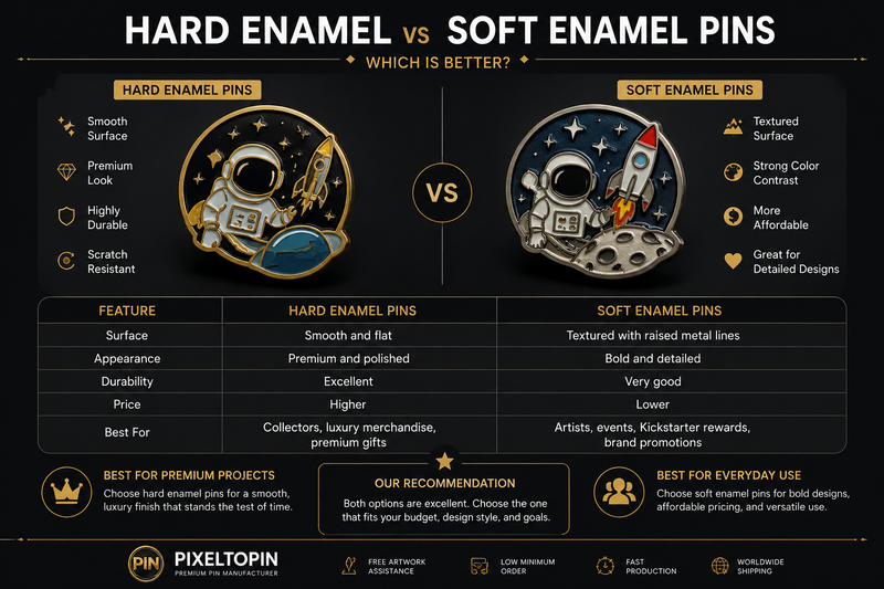 Hard vs Soft Enamel Pins: Differences, Cost & Which One Is Better? (2026 Guide)