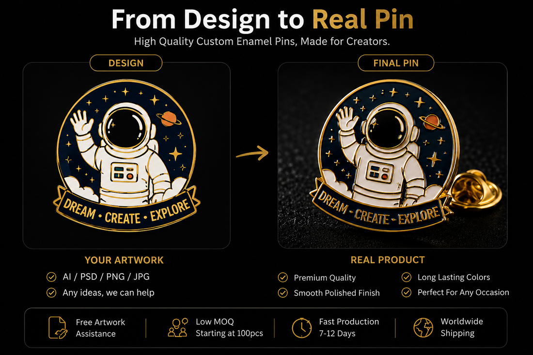 Custom enamel pin manufacturing process from artwork design to finished hard enamel pin with low MOQ and worldwide shipping.