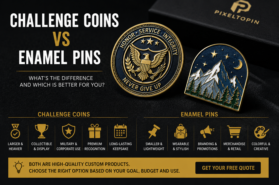 Comparison of custom challenge coins and enamel pins for branding, awards, and promotional products