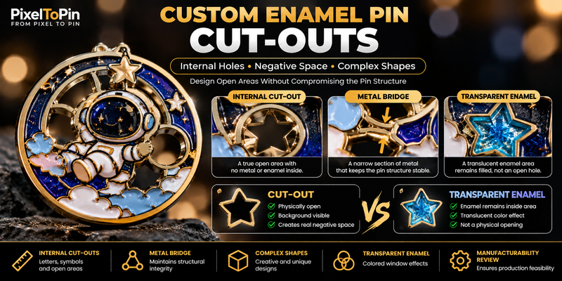 Custom Enamel Pin Cut-Outs Guide: Internal Holes, Open Areas & Complex Shapes