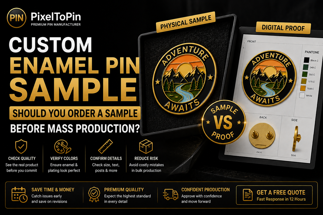 Custom enamel pin sample compared with digital proof before mass production by PixelToPin