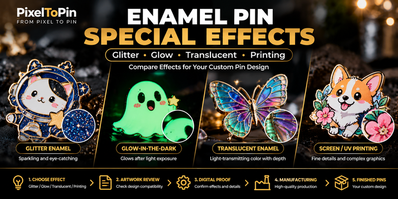 Custom Enamel Pin Special Effects Guide: Glitter, Glow, Translucent & Printing