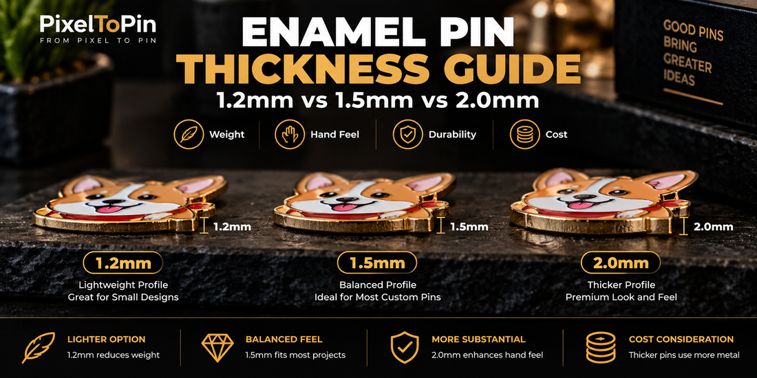 Custom enamel pin thickness comparison showing 1.2mm, 1.5mm and 2mm metal profiles