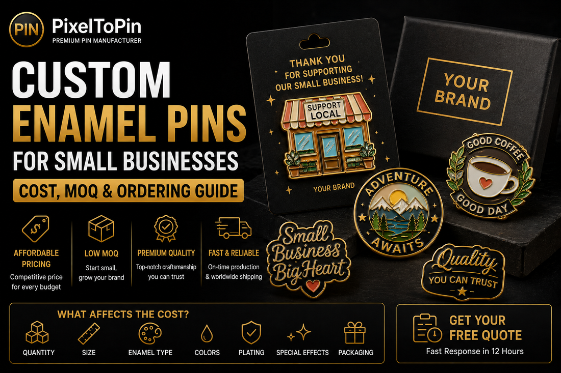 Custom enamel pins for small businesses with cost, MOQ and ordering guide by PixelToPin