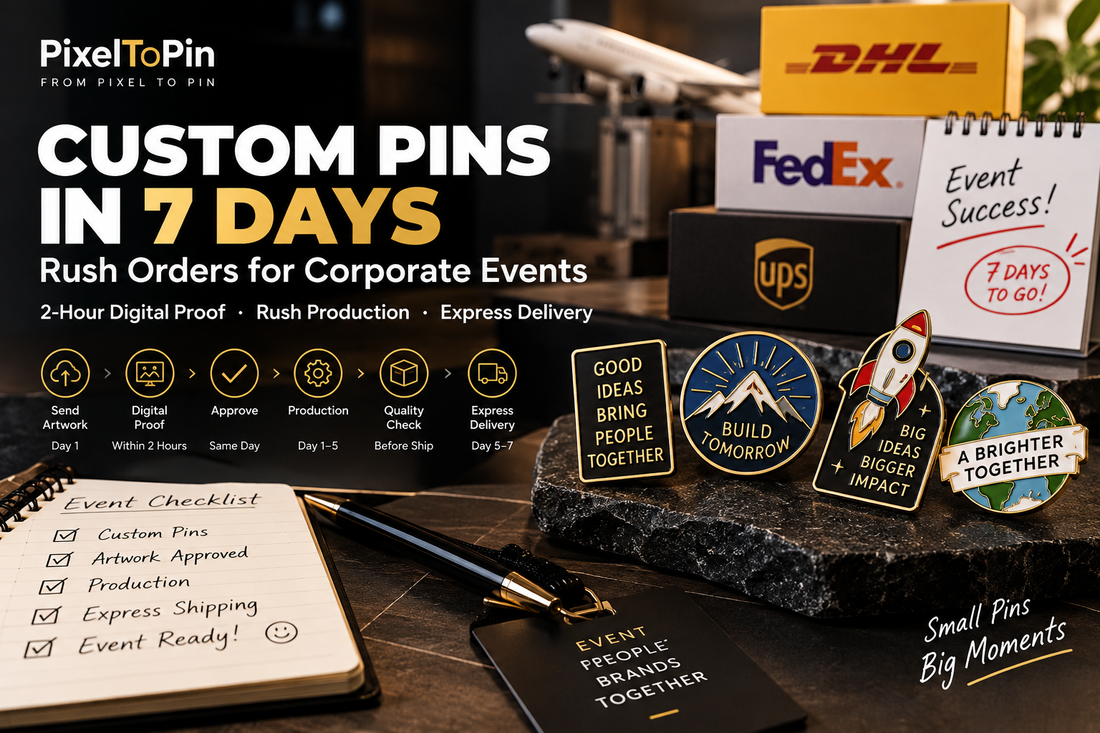 Rush custom pins for corporate events with 7-day production and express delivery
