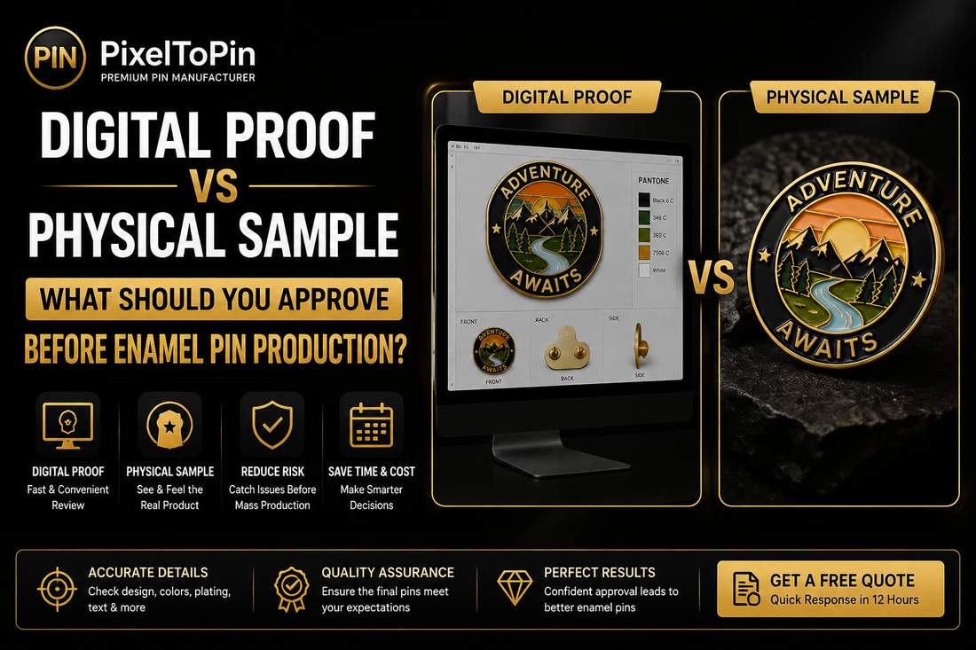 Digital proof vs physical sample comparison for custom enamel pins before production by PixelToPin