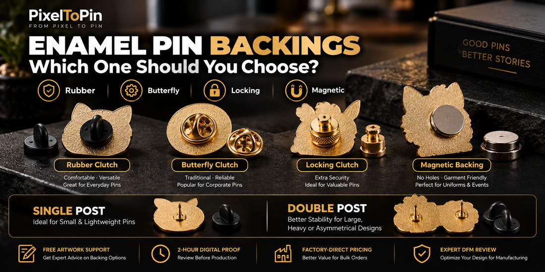 Enamel pin backings comparison showing rubber clutch, butterfly clutch, locking and magnetic backing options