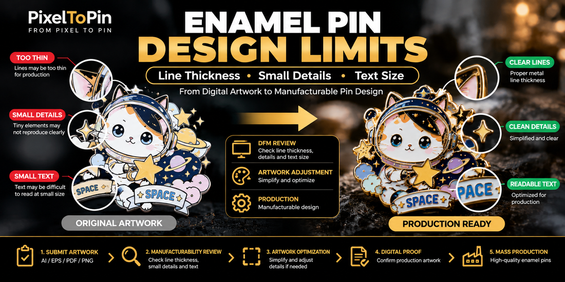 Enamel pin design limits showing metal line thickness, small details, text size and production-ready artworkEnamel pin design limits showing metal line thickness, small details, text size and production-ready artwork