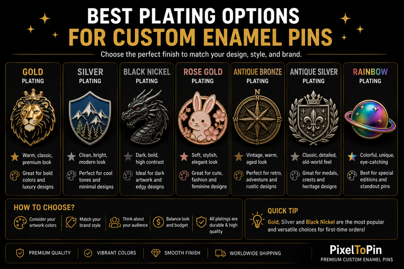 Best Plating Options for Custom Enamel Pins: Gold, Silver, Black Nickel & Antique Finishes