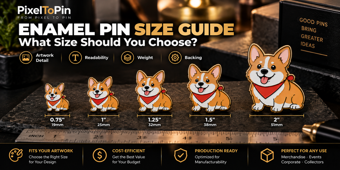 Enamel pin size guide comparing 0.75, 1, 1.25, 1.5 and 2 inch custom enamel pins