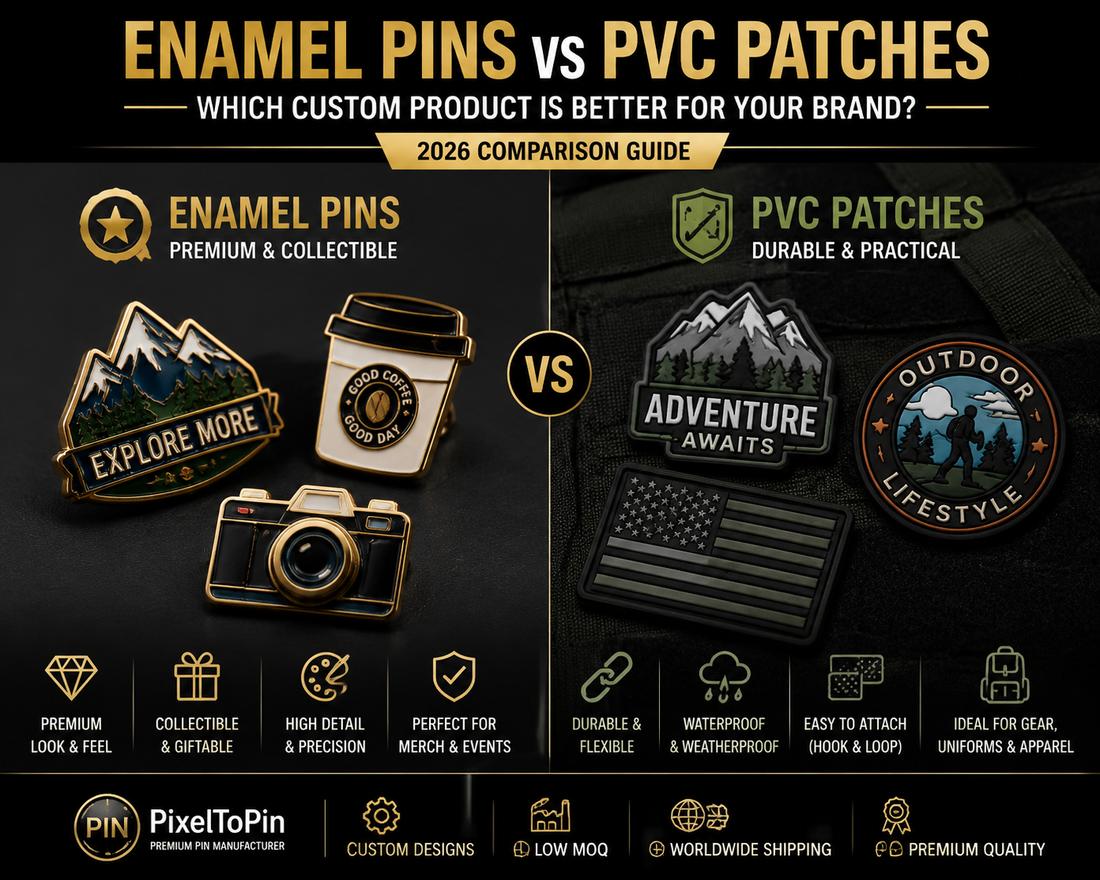Enamel pins vs PVC patches comparison showing differences in material, design, attachment, and best uses for custom products