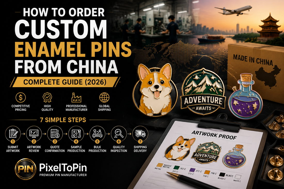 Complete guide showing how to order custom enamel pins from China with manufacturing steps, samples, production, and shipping