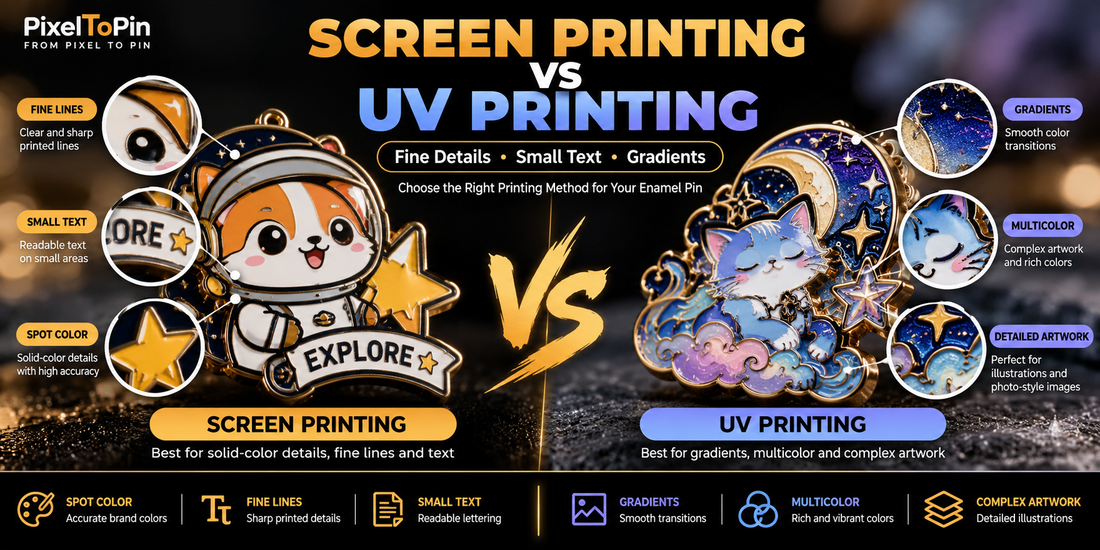 Screen printing vs UV printing on enamel pins showing fine lines, small text, gradients and detailed artwork