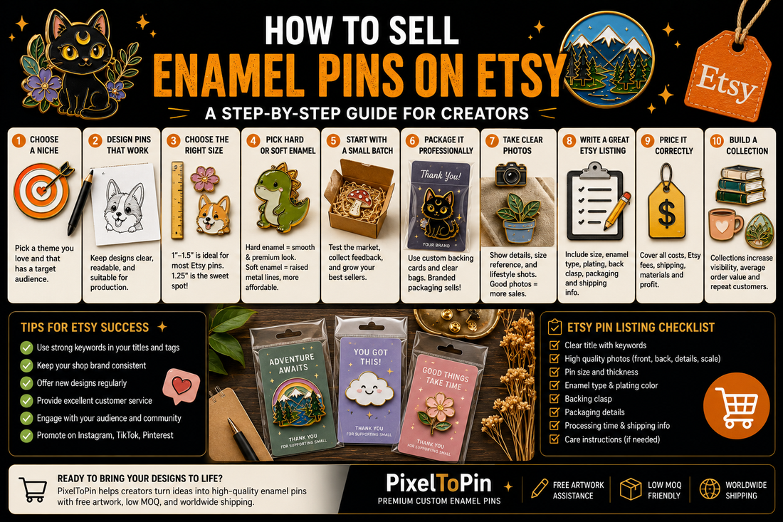 Step-by-step guide showing how to sell enamel pins on Etsy, including niche selection, pin design, packaging, product photos, pricing, and Etsy listings.