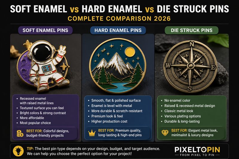 Soft Enamel vs Hard Enamel vs Die Struck Pins (2026 Manufacturing Guide for Custom Pins)