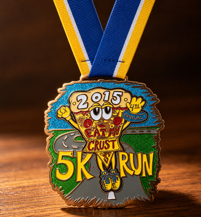 Custom 5K run medal 2015 race event design with colorful enamel finish and ribbon