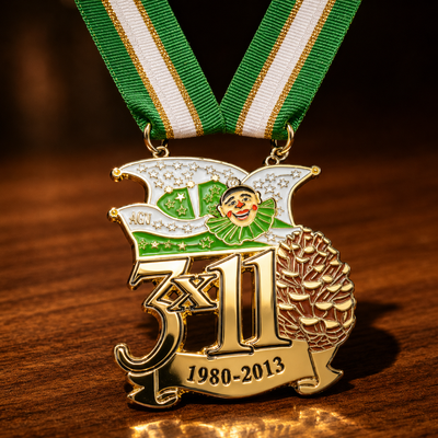 Custom carnival medal 31st anniversary 1980-2011 event design with green ribbon