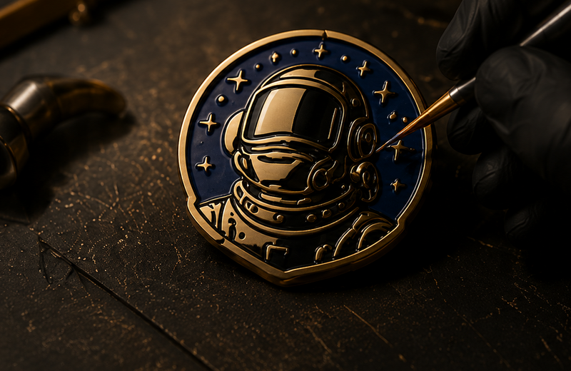 Choose from hard enamel, soft enamel, glitter, glow in the dark, epoxy, gold plating, silver plating, black nickel, antique finish, or other custom effects. We carefully apply color and finish each product to match your approved design.