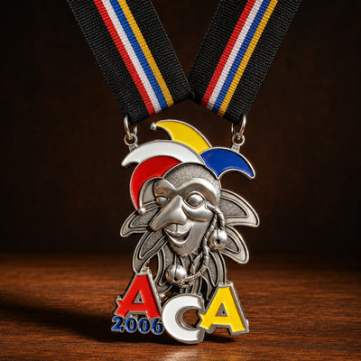 Custom carnival medal ACG 2006 jester mask design with colorful enamel details