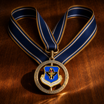 Custom military medal Air Force command design with blue ribbon
