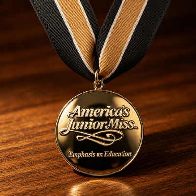 Custom award medal America's Junior Miss education achievement design with black ribbon