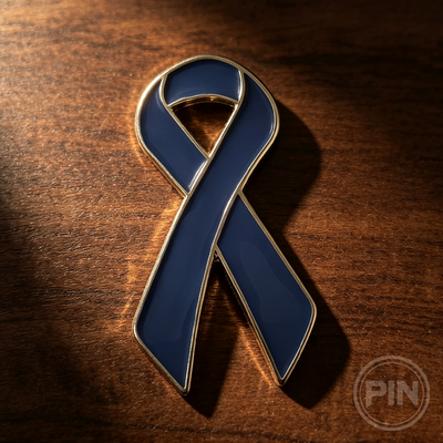Custom soft enamel pin blue awareness ribbon charity support design