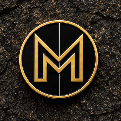 Black and gold custom hard enamel pin with geometric M logo