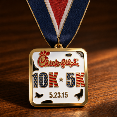 Custom sports medal Chick-fil-A 100K 5K event design with patriotic ribbon