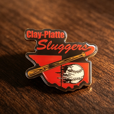 Custom hard enamel pin Clay-Platte Sluggers baseball team bat logo design