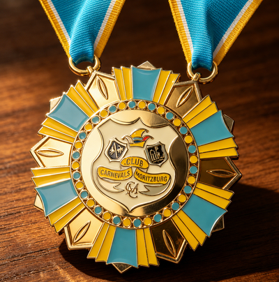 Custom carnival medal Club Karnevals Moritzburg event design with blue and gold ribbon