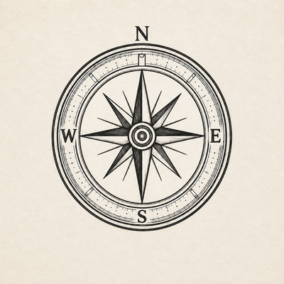 Compass coin artwork sketch with detailed directional design