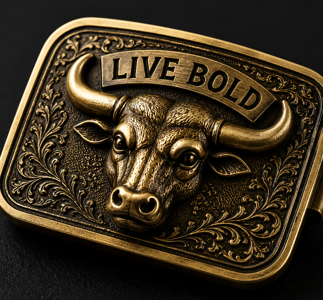Custom antique gold belt buckle with detailed 3D bull relief