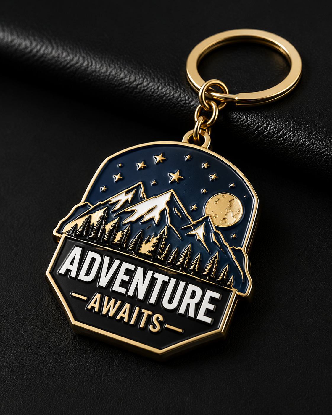 Custom enamel keychain with mountain landscape and gold metal details