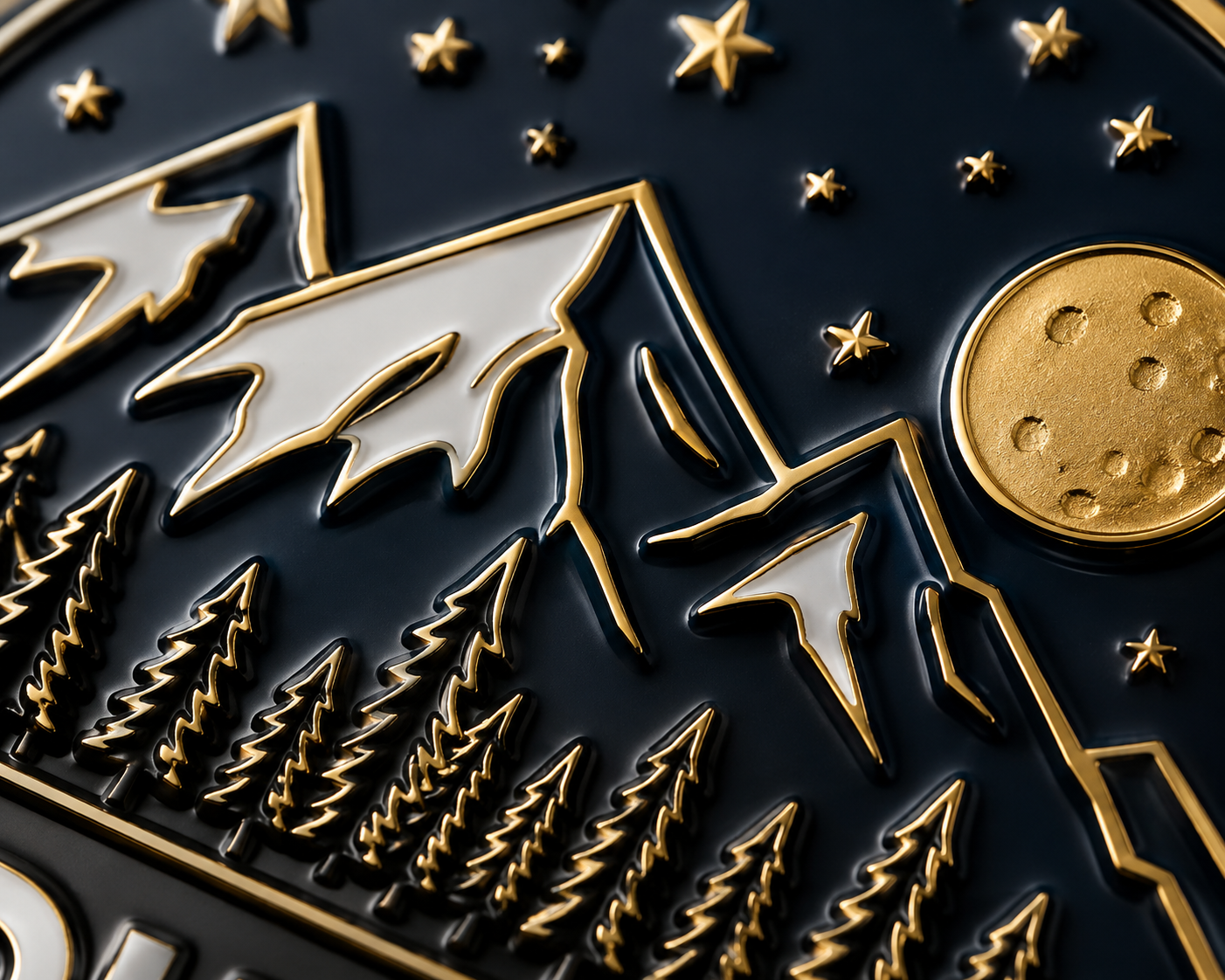 Close-up of custom enamel keychain with detailed mountains, stars and gold outlines