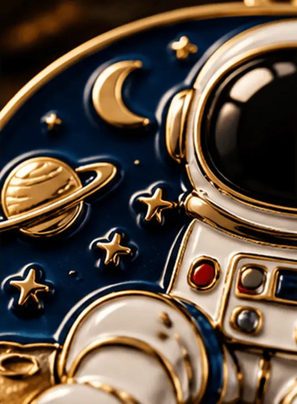 Close-up of a custom metal keychain showing detailed enamel and metal craftsmanship