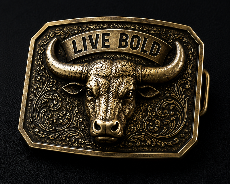 Custom metal belt buckle with 3D bull design and antique finish