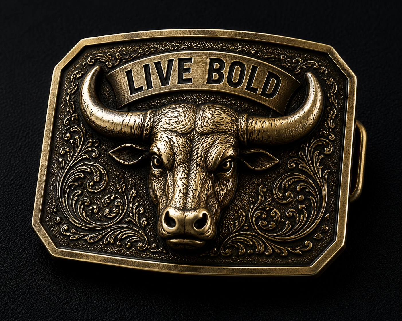 Custom antique gold belt buckle with detailed 3D bull design