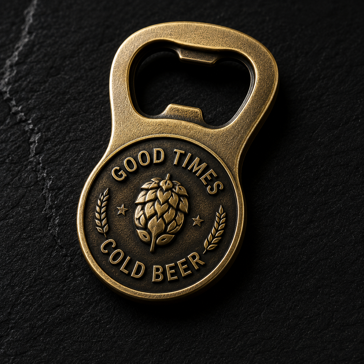 Custom metal bottle opener with antique finish and raised logo design