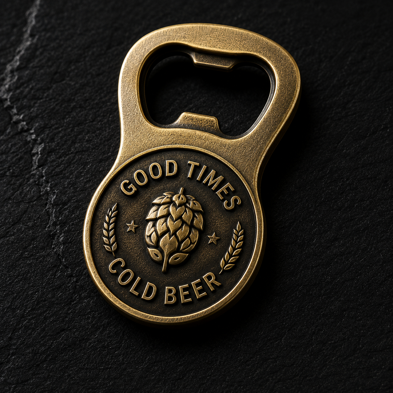 Custom antique gold metal bottle opener with embossed design