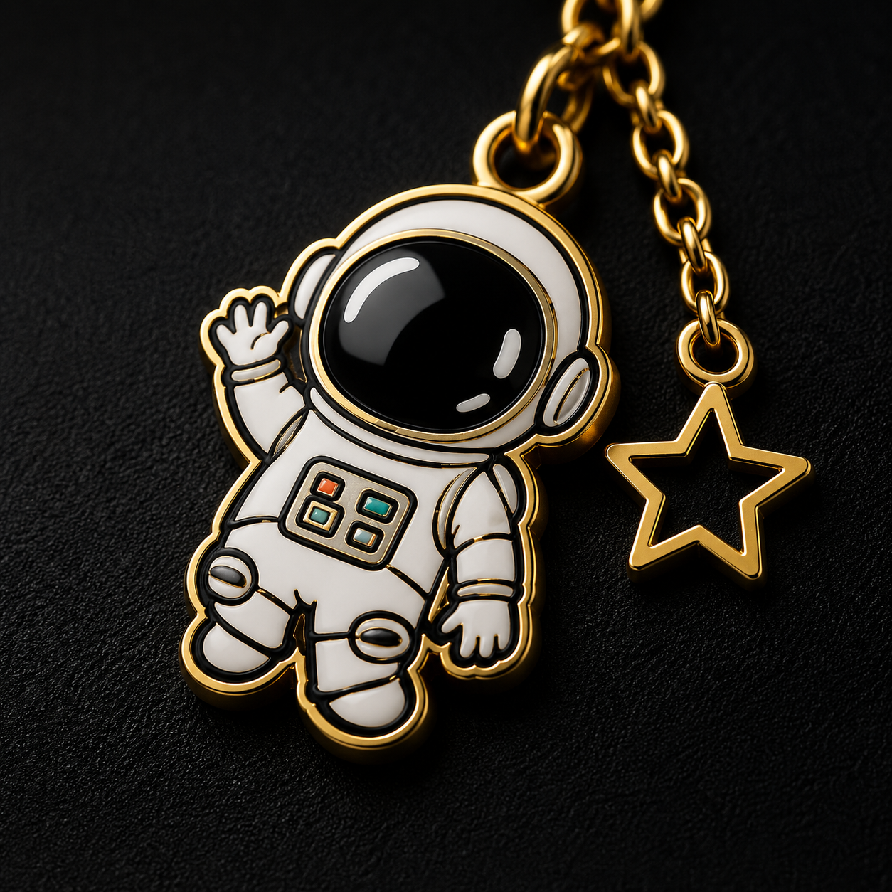 Custom astronaut metal charm with enamel colors and gold plating