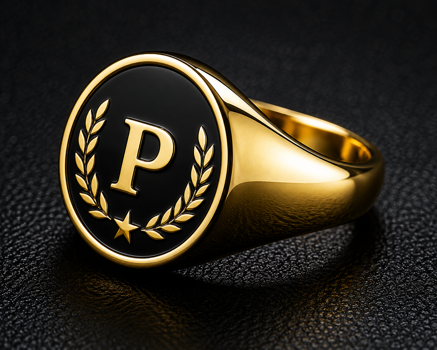 Custom gold signet ring with black enamel and raised metal details