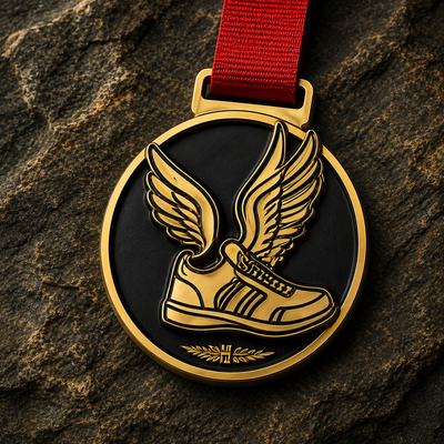 Custom black and gold winged running shoe medal