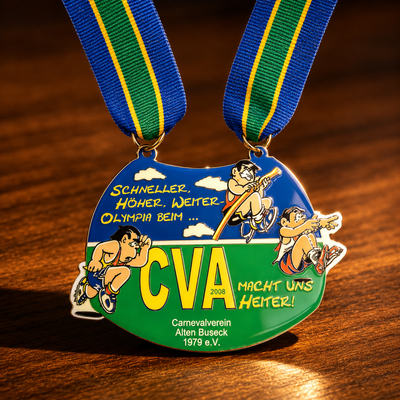 Custom carnival medal CVA Karnevalverein 2008 event design with blue ribbon