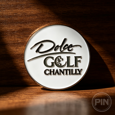 Custom challenge coin Dolce Golf Chantilly logo design white enamel finish