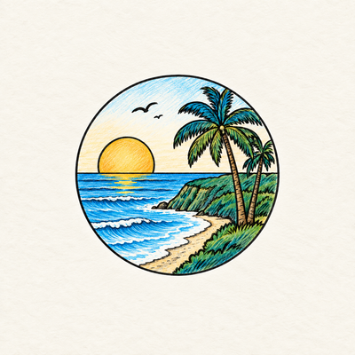 Tropical sunset artwork sketch for a custom souvenir pin