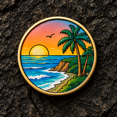 Full-color printed enamel souvenir pin with tropical sunset design