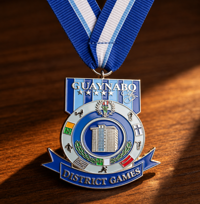 Custom sports medal Guaynabo District Games event design with blue ribbon