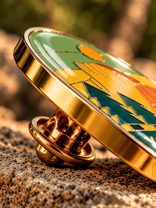 Side view of a hard enamel pin showing a smooth enamel surface and polished metal edge